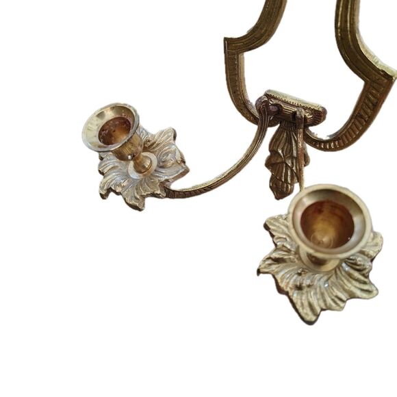 Vtg Solid Brass Wall Hanging Sconce Double Candle Holder Classic Deco MCM - Picture 4 of 7